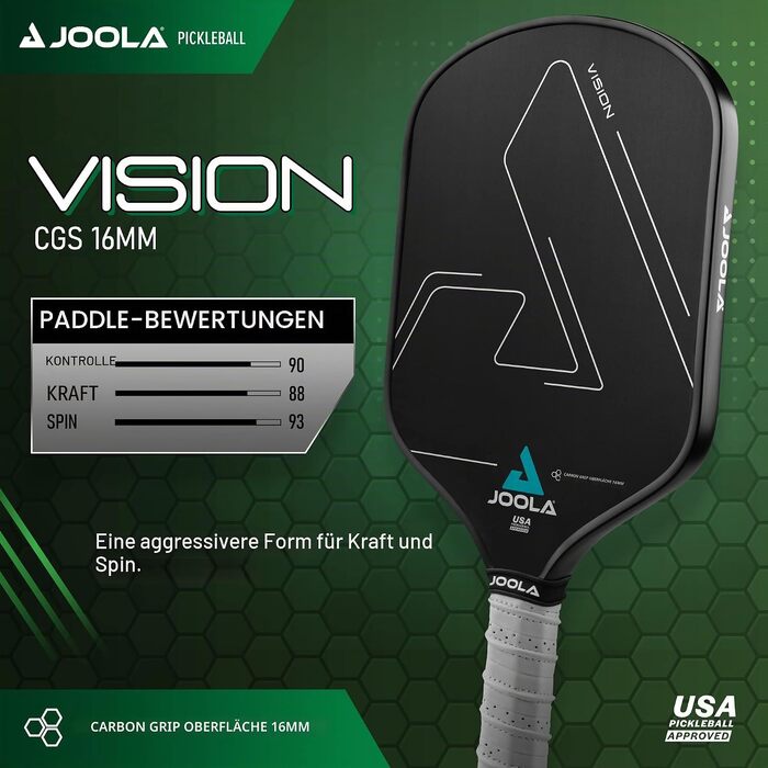 Ракетка для піклболу JOOLA Vision з вуглецевим покриттям Carbon-Grip для максимального спіну та контролю, стільниковий сердечник, чорна