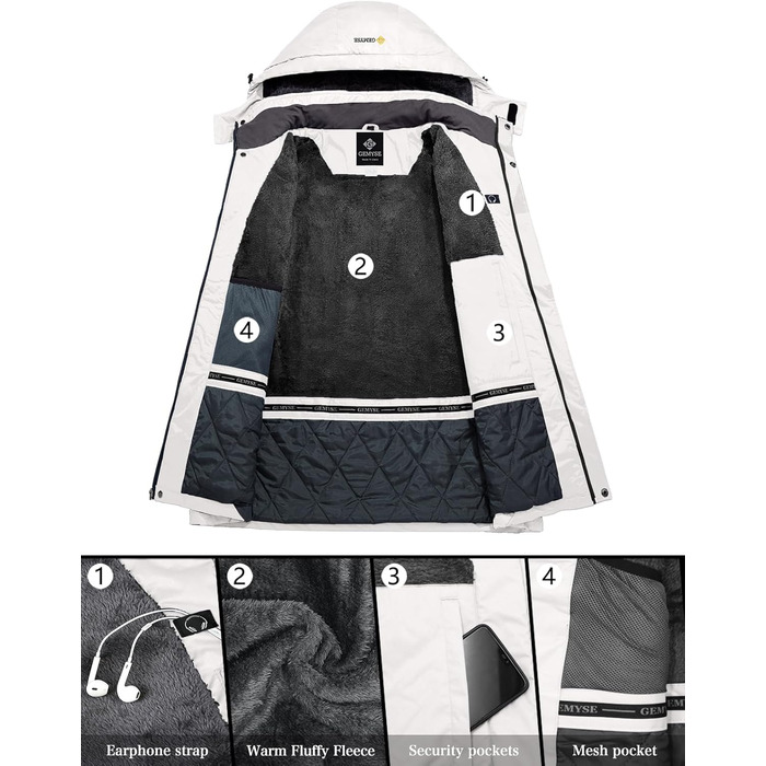 Чоловіча зимова куртка GEMYSE для катання на лижах, тепла, вітронепроникна, водонепроникна, дихаюча, з багатьма кишенями, з капюшоном, білий, розмір L