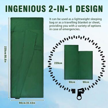 Спальний мішок бавовна, ультралегкий туристичний спальник з двосторонньою блискавкою, спальник для кемпінгу та піших прогулянок (зелений)