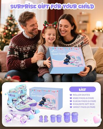 Дитячі ролики Sportneer з захистом, регульовані ролики з 8 світлими колесами, для дівчаток, дітей, підлітків, початківців, для занять в приміщенні та на вулиці, фіолетовий S (EU 30-33)