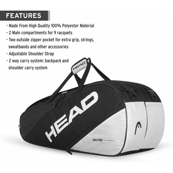 Тенісна сумка HEAD Elite 9R Supercombi Unisex чорно-біла - професійна для ракет та аксесуарів