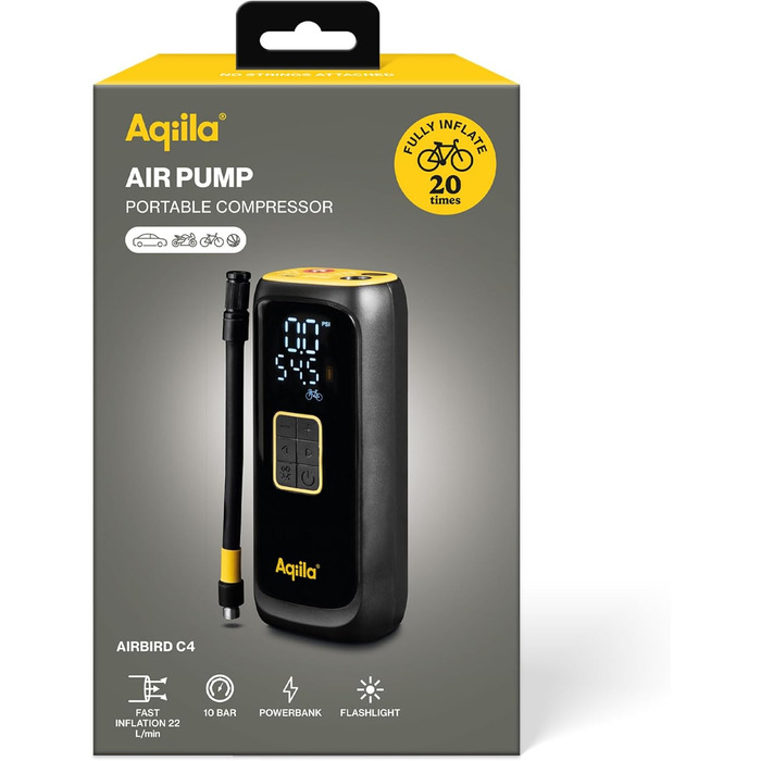 Aqiila Airbird C4 – портативний повітряний насос і високопродуктивний компресор із вбудованим акумулятором 4000 мА·год, LED-підсвіткою, швидким монтажем та автоматичним відключенням для точного та легкого накачування