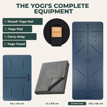 Преміум набір для йоги STAASH: килимок з PU та натурального каучуку (4,5 мм), рушник, ремінь та колінна подушка, протиковзкий, подовжений, колір Tiefsee Blau
