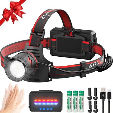 Ліхтар налобний Sogdeco Superhell 3000 Lumen LED з датчиком, 11 режимів, акумулятор 7800mAh, регулювання 90°, для кемпінгу, риболовлі, бігу, чорний