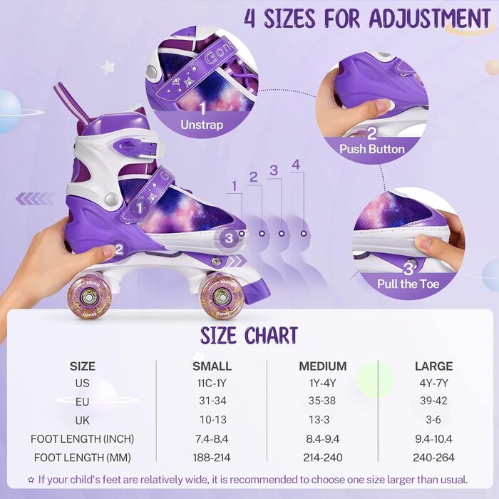 Роликові ковзани Gonex регульовані, світлові, для дівчаток, хлопчиків, дітей та дорослих, A-GALAXIE LILA S, розмір 31-34 (29-32)