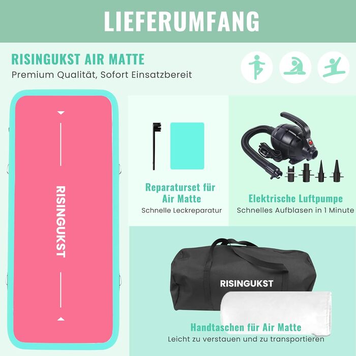 Гімнастичний надувний мат Air Matte Track, 300x100x15 см, зелено-рожевий, з насосом