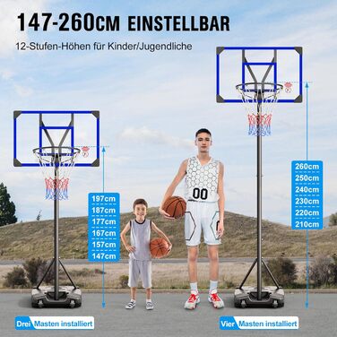 Баскетбольний кошик Outdoor зі стійкою, регульована висота 147-260 см, міцна задня стінка 82x53 см, збільшений діаметр основи та колеса, для гри в приміщенні та на вулиці (Блакитний)