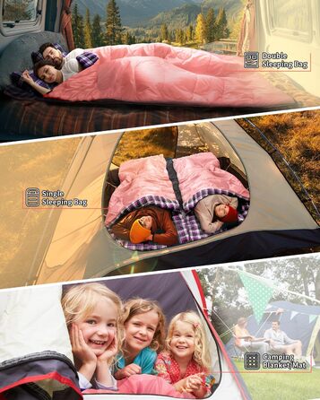 Сплячий мішок Outdoor Sportneer для двох осіб: спальний мішок 2.75 кг для дорослих, 3 сезони, 220x150 см, з 2 подушками (без фланелевої підкладки), рожевий