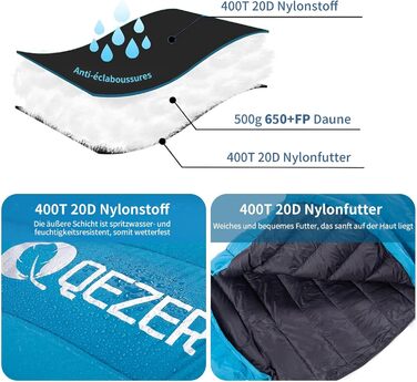 Спальний мішок Daunenschlafsack: теплий зимовий спальник з гусячим пухом 650 fill power, сертифікат RDS. Температурний режим: +8°C до -30°C. Ідеальний для кемпінгу та альпінізму. Колір: блакитний