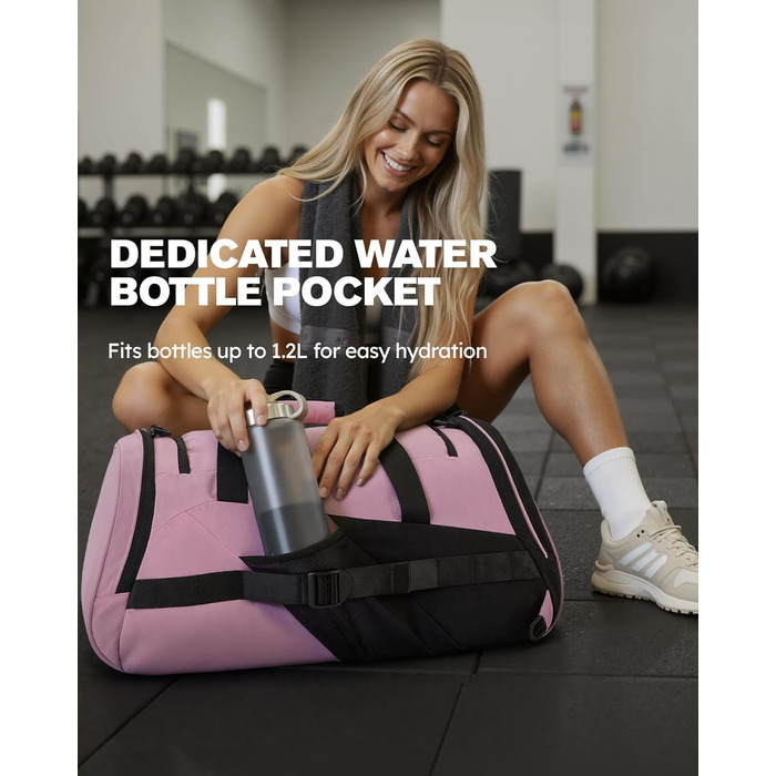 Спортивна сумка Tolaccea для чоловіків та жінок з відділенням для взуття та мокрих речей, рюкзак-дуffel для тренувань, фітнесу, басейну, подорожей (47л, чорно-рожевий)
