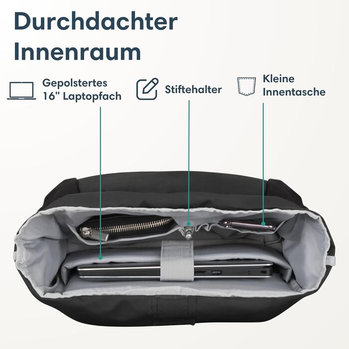 Рюкзак LARKSON Rolltop для чоловіків і жінок, чорний, великий, для школи, університету, велосипеда, 16-дюймове відділення для ноутбука, водовідштовхувальний, антивикрадальний, екологічний