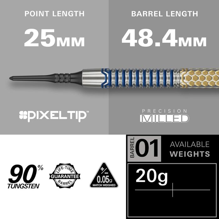 Дротики Target Josh Rock Gen 1, 90% вольфрам, 20 г, електронні Pixel Softdarts з чорними наконечниками, ігрова серія