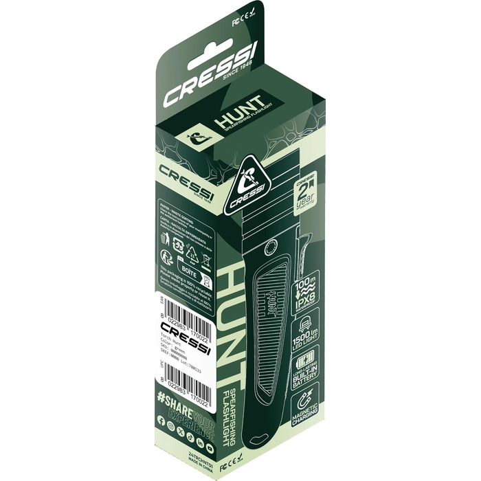 Ліхтар Cressi Hunt Torch 1600 Black - LED ліхтар для дайвінгу, риболовлі та пошуку під водою, 1600 люмен, водонепроникний IPX8, 100 м, унісекс