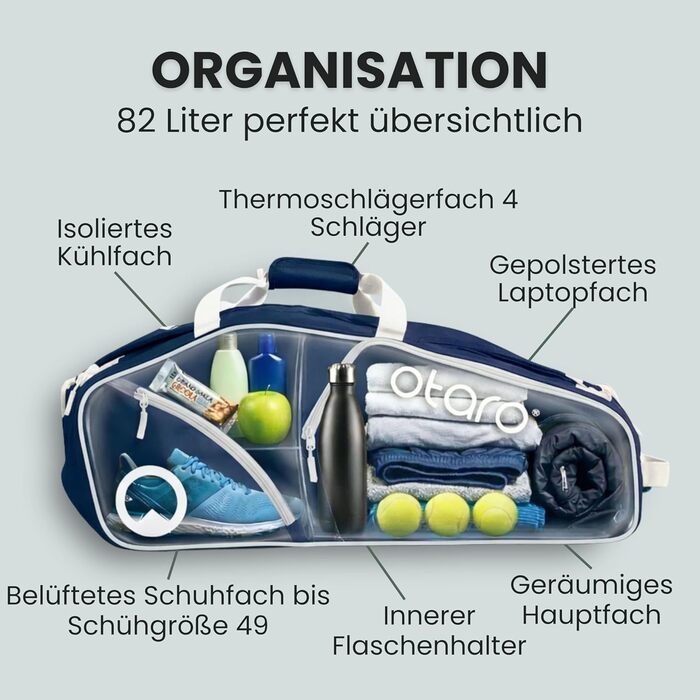 Сумка для тенісу Otaro Tennistasche 82L: Термосумка для 4 ракеток, відділення для взуття та охолодження, відділ для ноутбука, водостійка, синьо-біла