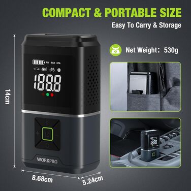 WORKPRO Електричний акумуляторний компресор 150 PSI, портативна бездротова насос-насос для шин, цифровий дисплей, підсвітка, для авто, велосипедів, мотоциклів, м’ячів, з сумкою, 7.2V 2500mAh
