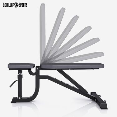 GORILLA SPORTS® універсальна лавка для жиму, сталева, чорна, 7-рівнева спинка, 5-рівневе сидіння, 140x72,5x54-138 см, багатофункціональна фітнес лава для тренувань, шраґ, плоска, негативна
