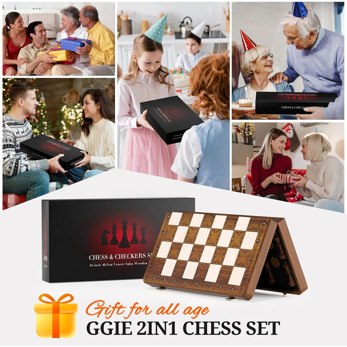 Шахи магнітні 2в1 - 39x39 см, складане шахове поле з дерева, преміум-якість, 32 фігури + 2 дами, для дорослих та дітей