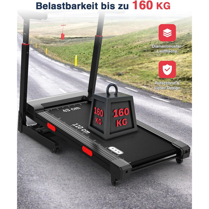 Біговий тренажер Redliro з автоматичним нахилом 15% - складний, до 160 кг, з регульованим поручнем та Bluetooth, для дому