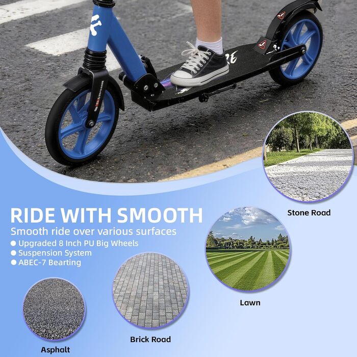 FREEDARE Cityroller: Скутер складний для дітей та дорослих, блакитний, 200 мм колеса, регульована висота, до 100 кг