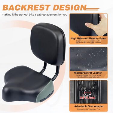 Велосипедне сидіння з підспинником Meghna, комфортне, м'яке, з PU-подушкою, чорне