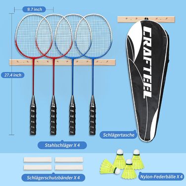 Набір для бадмінтону (2 або 4 ракетки), 2 або 4 волани, сумка, червоно-синій (4 шт.)