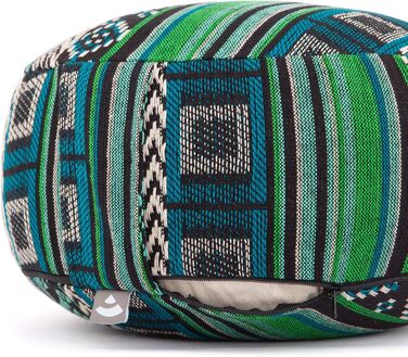 Медитаційна подушка Bodhi Rondo Ethno, кругла, з ручкою, знімний чохол з органічної бавовни, наповнювач - лузга спельти, чорно-біло-зелений візерунок, сидіння для йоги