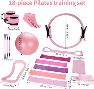 Набір для пілатесу 13 шт: кільце, фітнес-м'яч, еластичні стрічки, масажне кільце, для дому та фітнесу, рожевий
