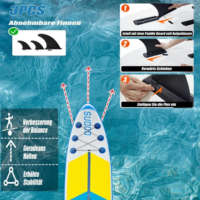 Надувний SUP Борд для вейкбордингу (2+1 особи/сім'ї), Surfboard для дорослих, вантажопідйомність до 150 кг, повний комплект з веслом, плавниками та рюкзаком (SUP20YG-Blue White)