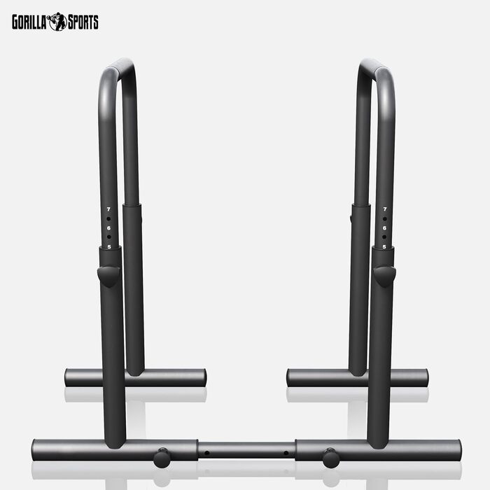 GORILLA SPORTS® Бруси для віджимань та діпів, регульовані, 80-100 см, нековзні, сталь, до 500 кг, чорні – паралети, станція для діпів, обладнання для калістеніки для дому