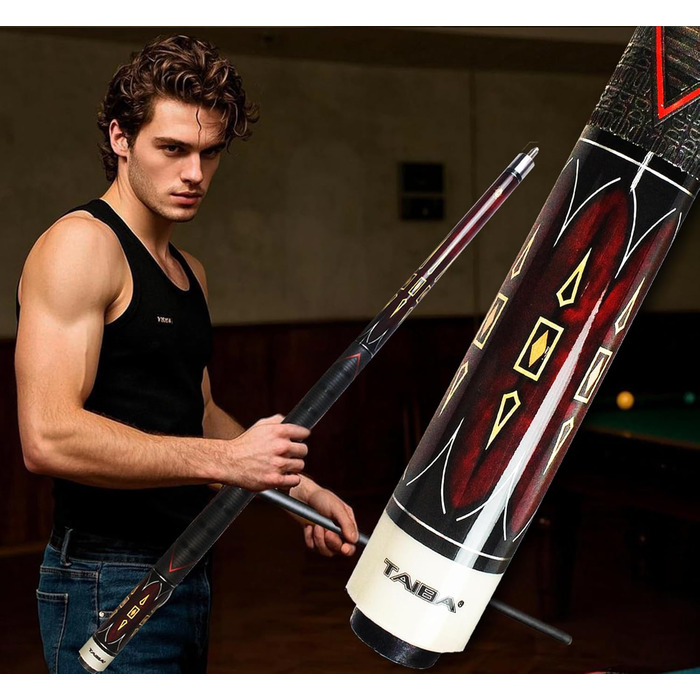 Більярдний кий TaiBa 2-частинний з ручкою з натуральної шкіри, канадський клен, 147.3 см, з муфтою, наконечник 13 мм, сталь, 19-21 oz, коричневий, винно-червоний, королівський синій