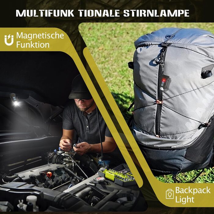 LED налобний ліхтар 1200mAh, 2 шт. з датчиком руху, 230° широкий кут огляду, 9 режимів, водонепроникний IPX65, для кемпінгу, походів, бігу