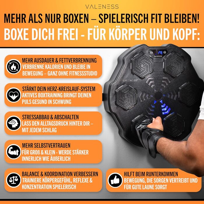 Музична бокс-машина VALENESS® – Smart бокс з музикою та LED, бокс-автомат для стіни, комплект з боксерськими рукавичками. Ідеальне тренування боксу вдома для дітей та дорослих (ручна музична бокс-машина)