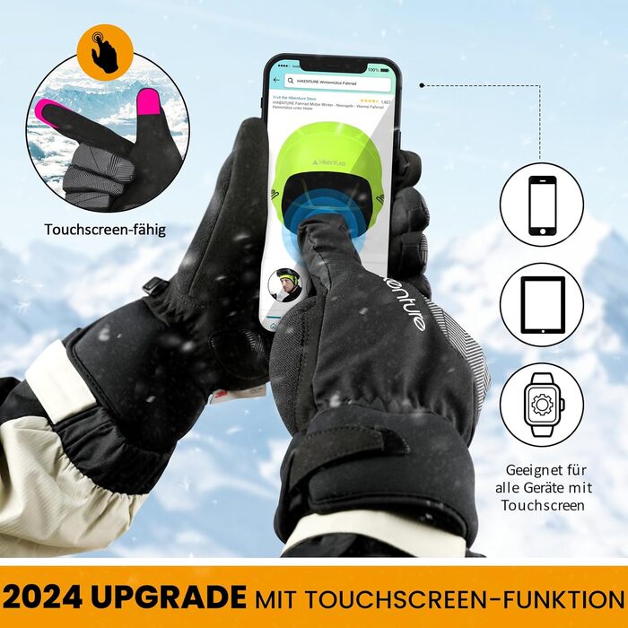 Зимові рукавички HIKENTURE: водонепроникні, для їзди на велосипеді, катання на лижах, чоловічі/жіночі, термо, чорно-сірий, розмір L