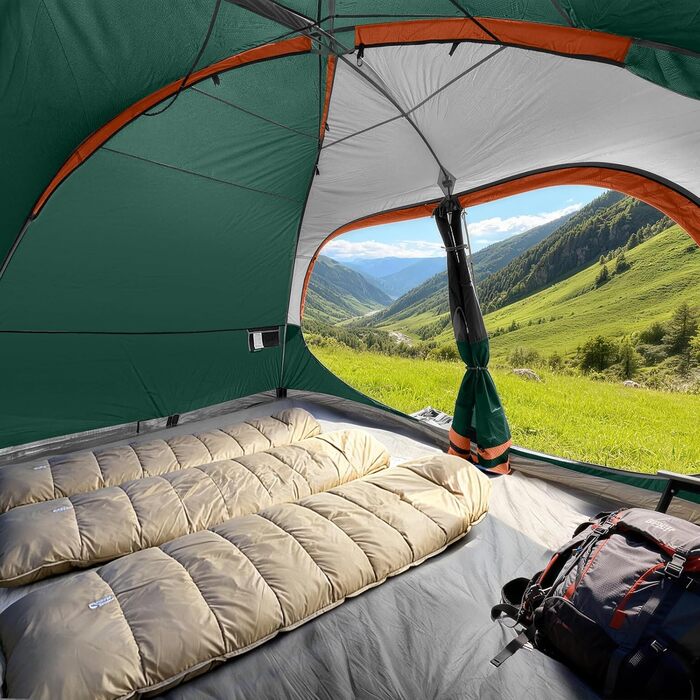 Намет сімейний CAMPROS Campingzelt 6-8 осіб, водонепроникний, 366x274x193 см, швидкозбірний, 4 сезони, з москітною сіткою та тамбуром, темно-зелений