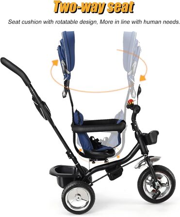 Триколісний велосипед 4 в 1 для дітей від 1 року з батьківською ручкою – дитячий триколіс для 1-4 роки до 25 кг, регульована батьківська ручка, поворотне сидіння, складна тентова система та кошик – компактний та безпечний (Темно-синій)