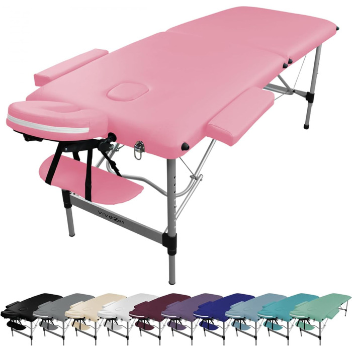 Складаний масажний стіл Vivezen з 2 зонами з алюмінію + аксесуари та сумка для транспортування (пастельно-рожевий)