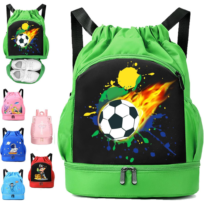 Дитяча спортивна сумка Youyike, водонепроникний рюкзак з відділенням для взуття, спортивна сумка з шнурком, для дівчаток та хлопчиків, футбольний зелений