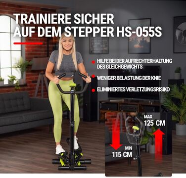 Степпер Hop-Sport HS-055S з поручнем, еспандерами та комп'ютером, регульована висота, чорний/салатовий