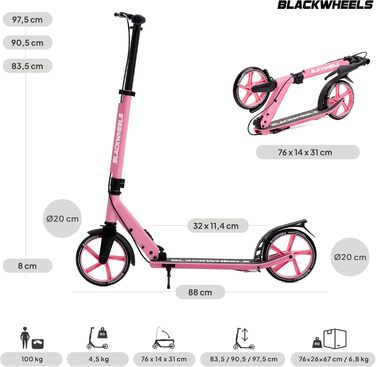 Самокат Blackwheels Orio Cityroller 200мм: складаний, алюмінієвий, з регулюванням висоти, ремінцем, ABEC 7, антиковзким деком (Чорно-Рожевий)