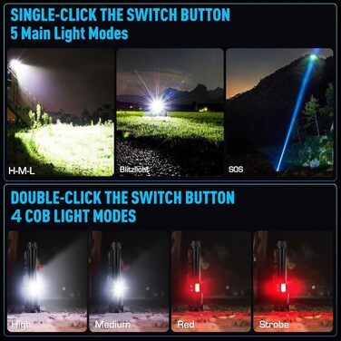 Ліхтар Glarylight LED акумуляторний, 990000 люмен, надпотужний, 24 години роботи, 9 режимів, Zoom, IPX7, водонепроникний, для кемпінгу та надзвичайних ситуацій