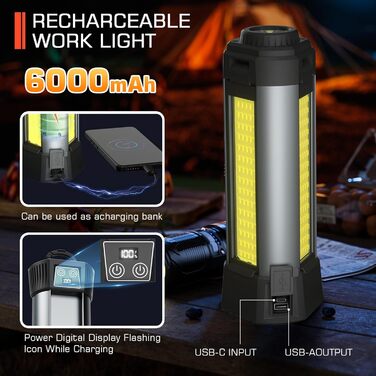 Ліхтар кемпінговий акумуляторний 2000 люменів з регулюванням яскравості та висувним штативом, 6000mAh, 3 кольори світла, для кемпінгу, авторемонту, будівництва