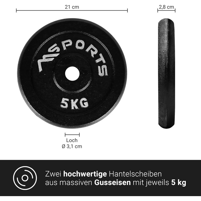 Професійні гантельні диски MSPORTS, 2x5 кг, чавунні, чорні
