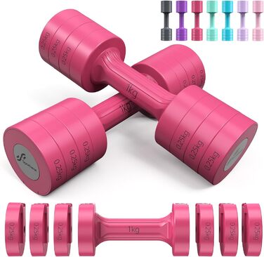 Sportneer Регульовані гантелі – набір для жінок 1–2,5 кг, 4-в-1, для дому, фітнесу, силових тренувань, подарунок, темно-рожевий