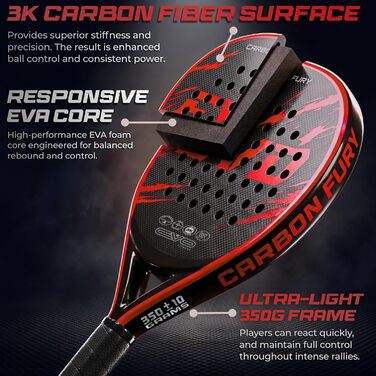 Ракетка для падел EVO Fitness Carbon – легка (350г), з м'яким EVA-керном для контролю, велика площа (525 см²) для дорослих