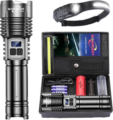 WOWNIGHT LED ліхтарик на акумуляторі 1000000 люмен, 2 режими, USB-C, тактичний, регулювання яскравості, налобний, для кемпінгу та надзвичайних ситуацій, чорний обсидіан