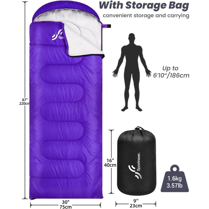 Спальний мішок Sportneer для дорослих та дітей - легкий, компактний, для кемпінгу, походу, рюкзака, 220x75 см, фіолетовий
