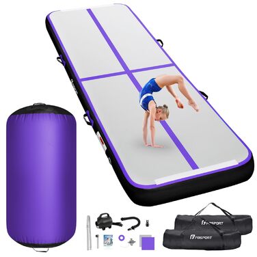 Airtrack FBSPORT надувний мат для гімнастики 300x100x10 см, з роликом 100x60 см та насосом, фітнес-килимок для йоги та тренувань, чорно-фіолетовий