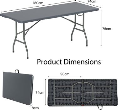 Складний кемпінговий стіл Komfotteu HDPE з металевим каркасом, 180x74x75 см (Сірий) - для пікніка, грилю, вечірок, витримує до 160 кг