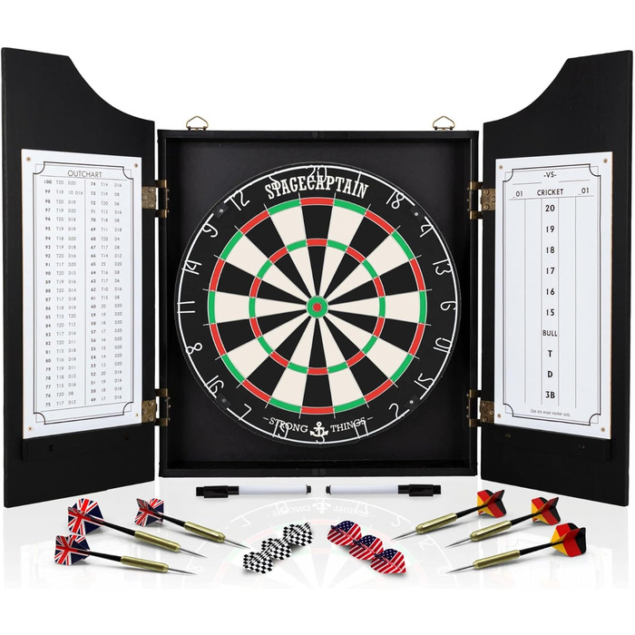 Дартс шафа Stagecaptain DBC-1775 BK Bullseye з мішенню та дротиками — дерев'яний дартс-кабінет з професійною стілдард мішенню, надтонкими дротами, 6 дротиками та 4 комплектами оперень