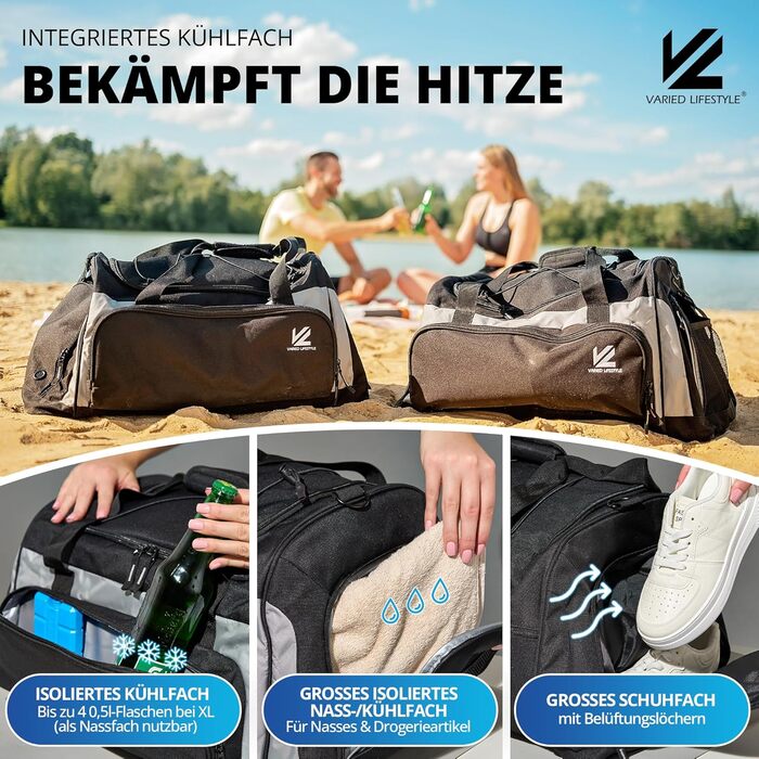 Спортивна сумка VL® з відділенням для взуття, мокрою одежі, ізольованим кульковим відділенням, сауною та туристичною сумкою для жінок та чоловіків. 50 л, чорно-сірий/чорно-срібний